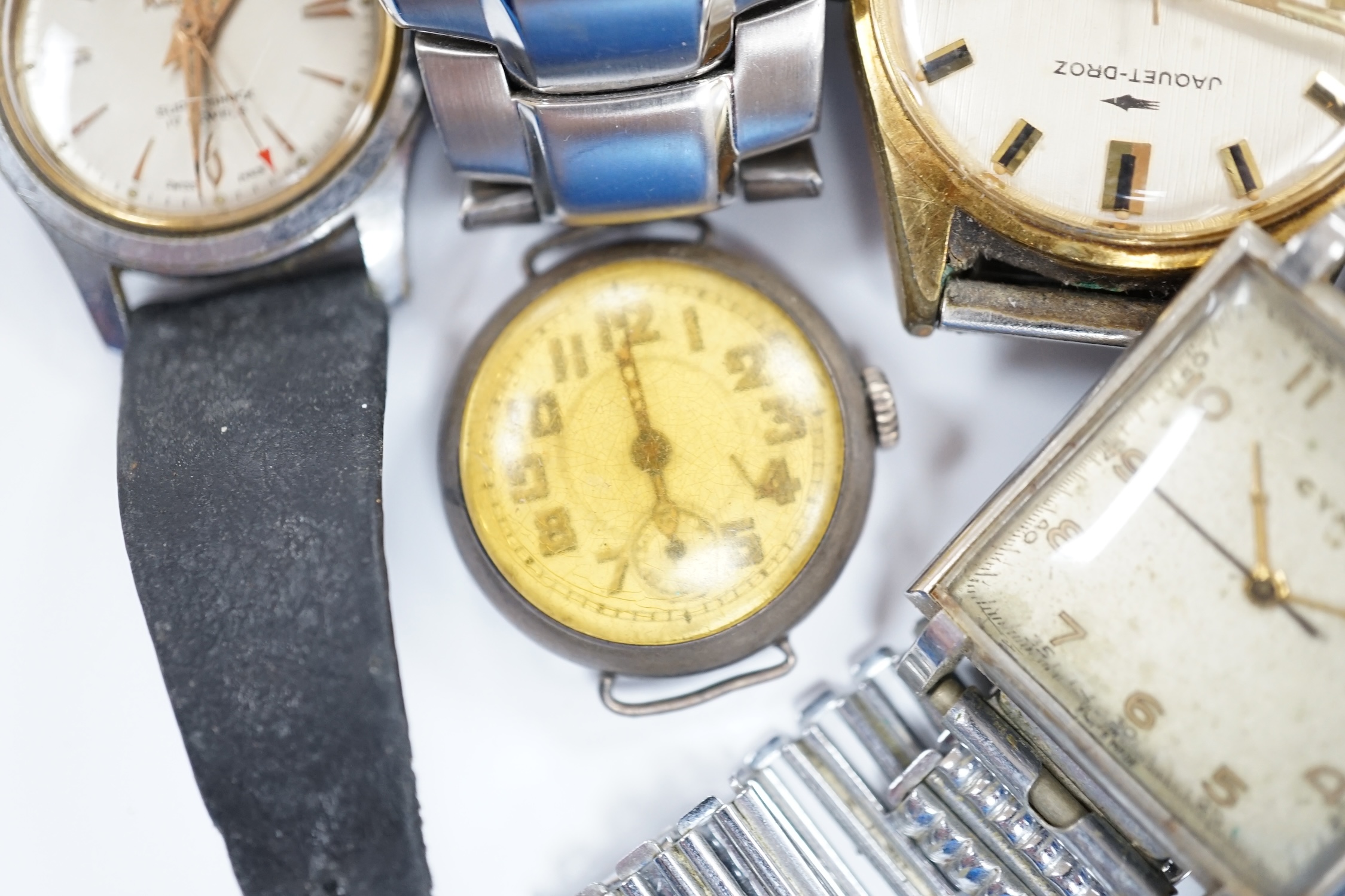 A group of assorted mainly steel wrist watches including three Cyma, a Roamer and modern Citizen Eco-Drive.
